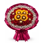 Ramo Dúo Premium con 80 Rosas, 4 Girasoles y Chocolates